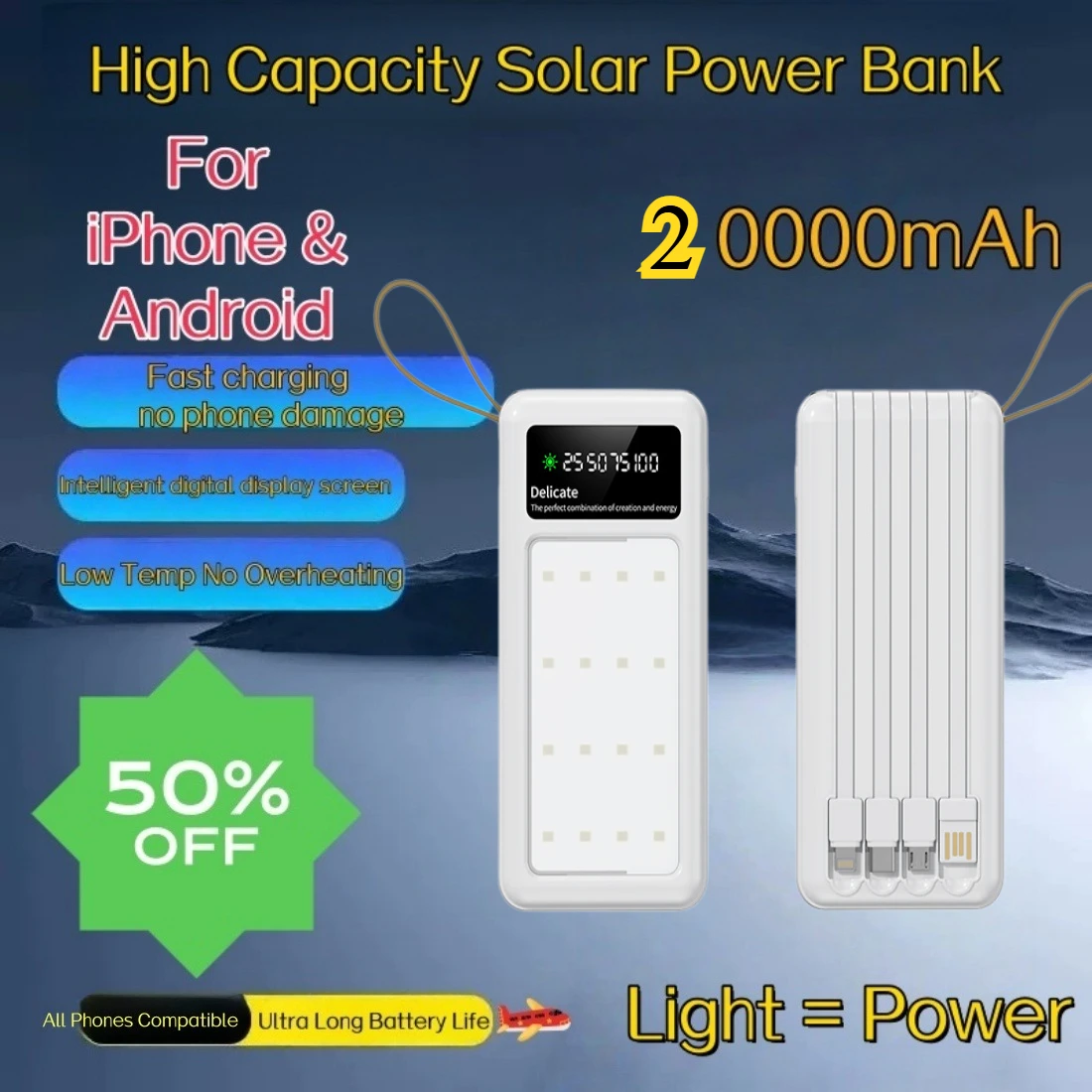 20000mAh Solar Power Bank Built-in All Cables 22.5W Super Fast Charging Outdoor Camping Light Portable Mobile Charger
20000mAh Solar Power Bank Built-in All Cables 22.5W Super Fast Charging Outdoor Camping Light Portable Mobile Charger