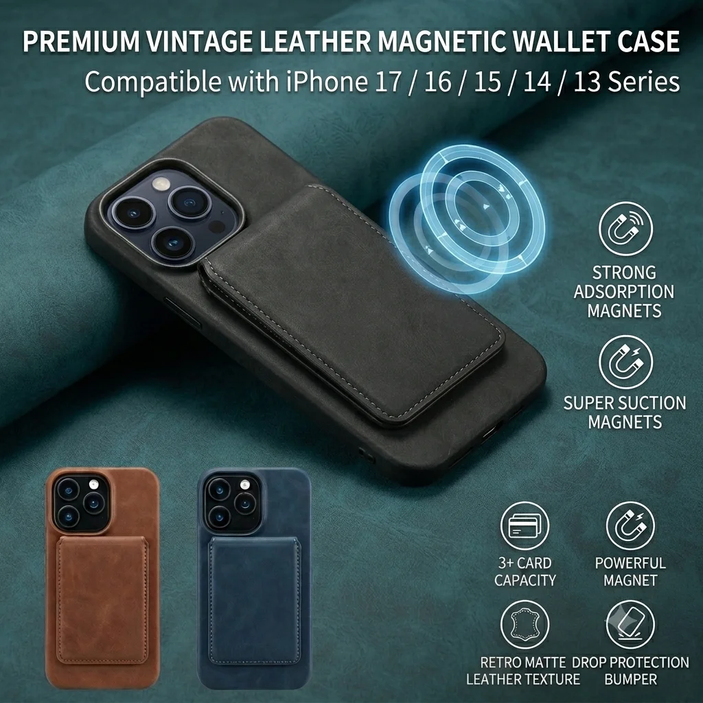 Vintage Leather Texture Magnetic Wallet Case for iPhone 17 16 15 14 13 Pro Max Slim Card Holder Wireless Charge Cover
Vintage Leather Texture Magnetic Wallet Case for iPhone 17 16 15 14 13 Pro Max Slim Card Holder Wireless Charge Cover