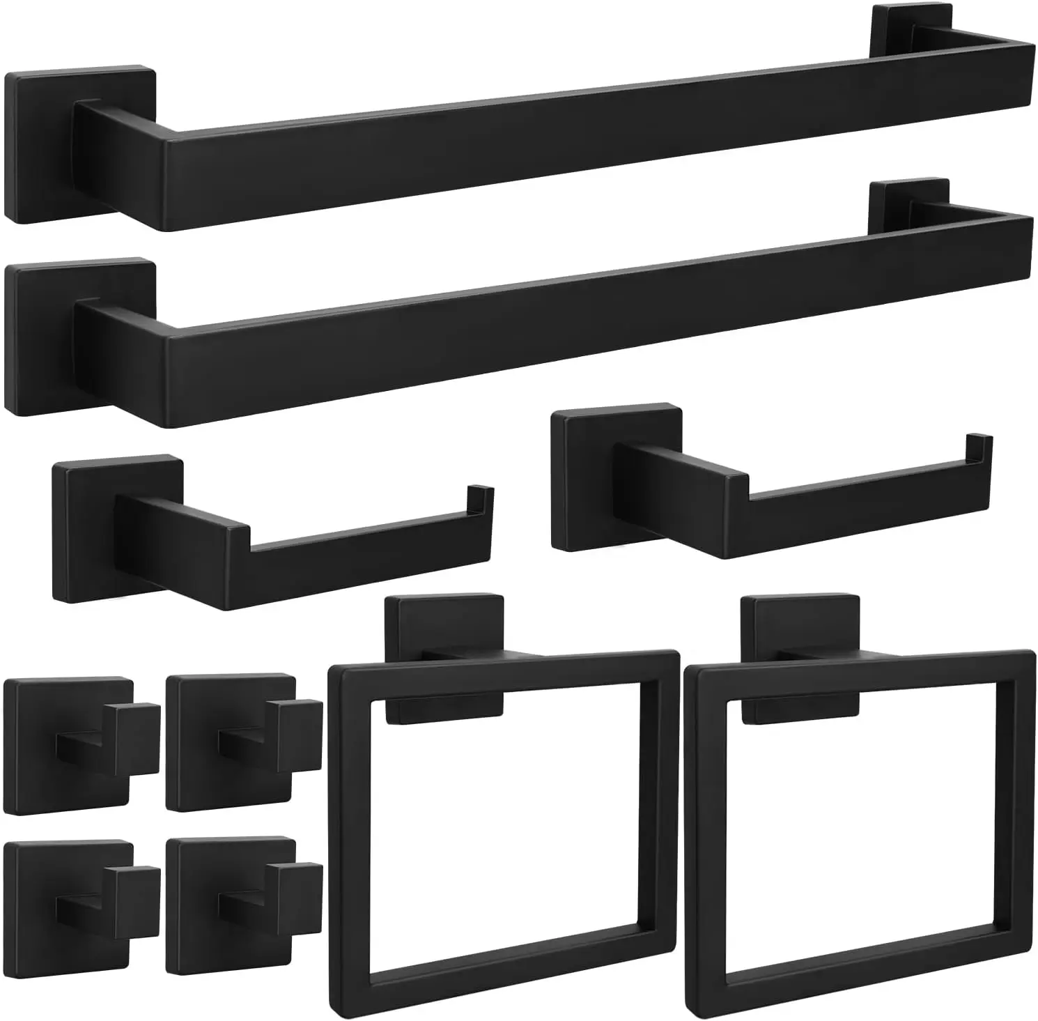 10pcs Square Bathroom Hardware Set, 24in Towel Bar, Ring, TP Holder, Hooks, SUS304 Stainless Steel, Wall Mounted
10pcs Square Bathroom Hardware Set, 24in Towel Bar, Ring, TP Holder, Hooks, SUS304 Stainless Steel, Wall Mounted