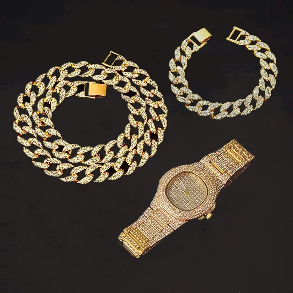 Rock Hip Hop Miami Curb Cuban Chain Men Choker Iced Out Paved Rhinestone Bling Chain for Men Jewelry Set Watch Necklace Bracelet
Rock Hip Hop Miami Curb Cuban Chain Men Choker Iced Out Paved Rhinestone Bling Chain for Men Jewelry Set Watch Necklace Bracelet