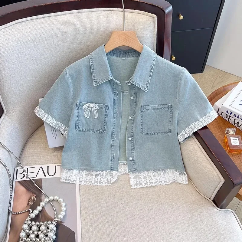 Fashion Lace Bow Pocket Patchwork Light Blue Short Denim Jacket Summer New Women Lapel Single-Breasted Short Sleeve Jeans Jacket
Fashion Lace Bow Pocket Patchwork Light Blue Short Denim Jacket Summer New Women Lapel Single-Breasted Short Sleeve Jeans Jacket