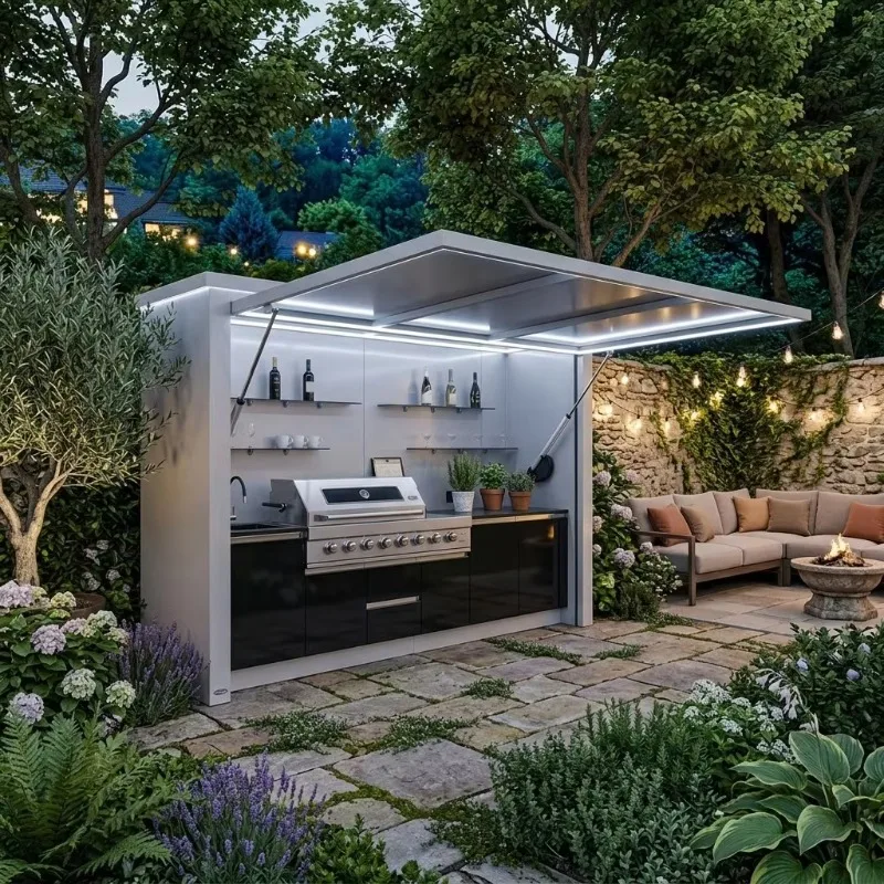High End SS304 Outdoor Kitchen BBQ Pod Cool To The Touch Outdoor Kitchen BBQ Island with Shed and Grill Station
High End SS304 Outdoor Kitchen BBQ Pod Cool To The Touch Outdoor Kitchen BBQ Island with Shed and Grill Station