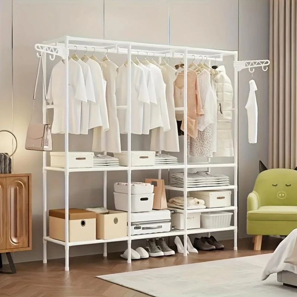 66x63x14 Inches Freestanding Wardrobe Rack, Heavy Duty 3-Tier Metal Garment Organizer with Double Rods, Shelves & Hooks, White
66x63x14 Inches Freestanding Wardrobe Rack, Heavy Duty 3-Tier Metal Garment Organizer with Double Rods, Shelves & Hooks, White