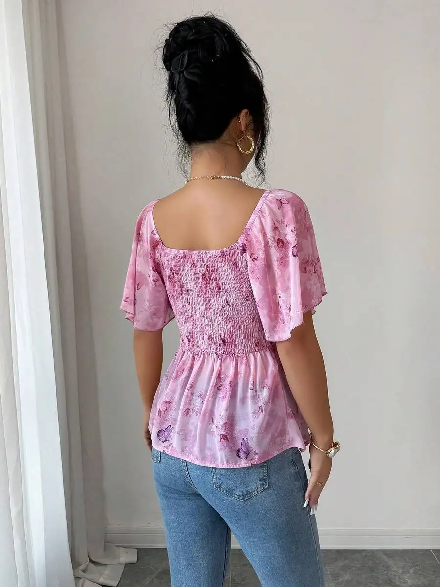 Pink Butterfly Print Batwing Sleeve Smocked Blouse Women Casual Fashion Top
Pink Butterfly Print Batwing Sleeve Smocked Blouse Women Casual Fashion Top