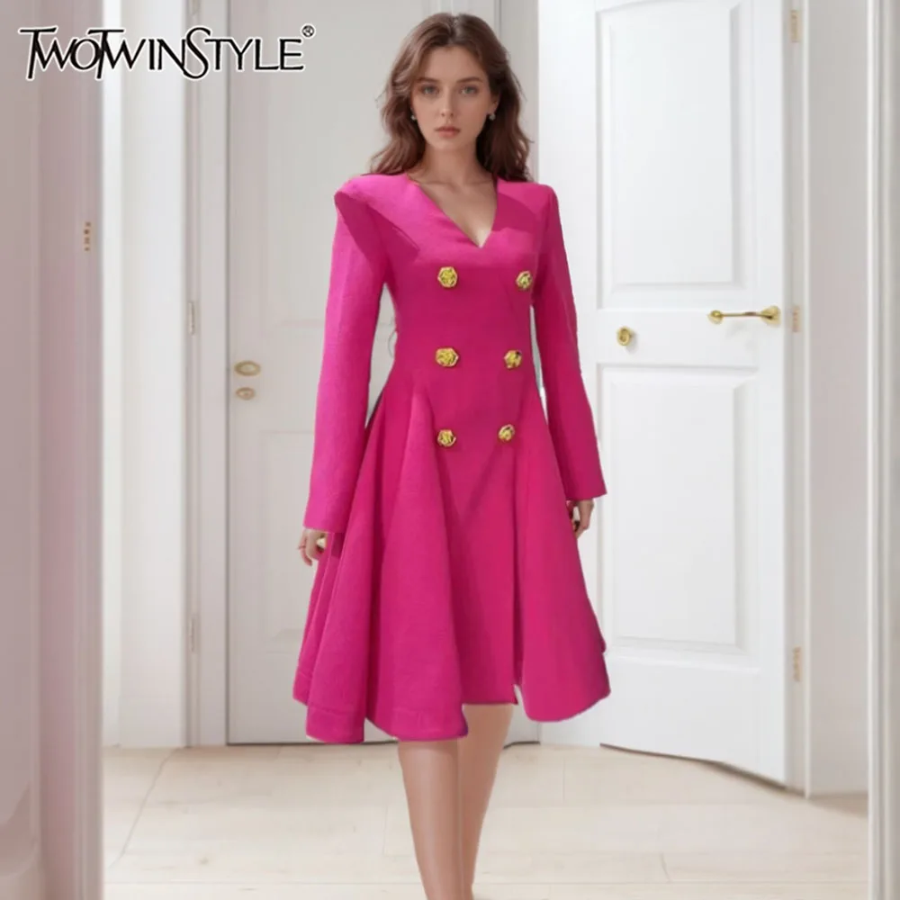 TWOTWINSTYLE Slimming Spliced Double Breasted Mini Dress For Women V Neck Long Sleeve High Waist Temperament Dresses Female New
TWOTWINSTYLE Slimming Spliced Double Breasted Mini Dress For Women V Neck Long Sleeve High Waist Temperament Dresses Female New