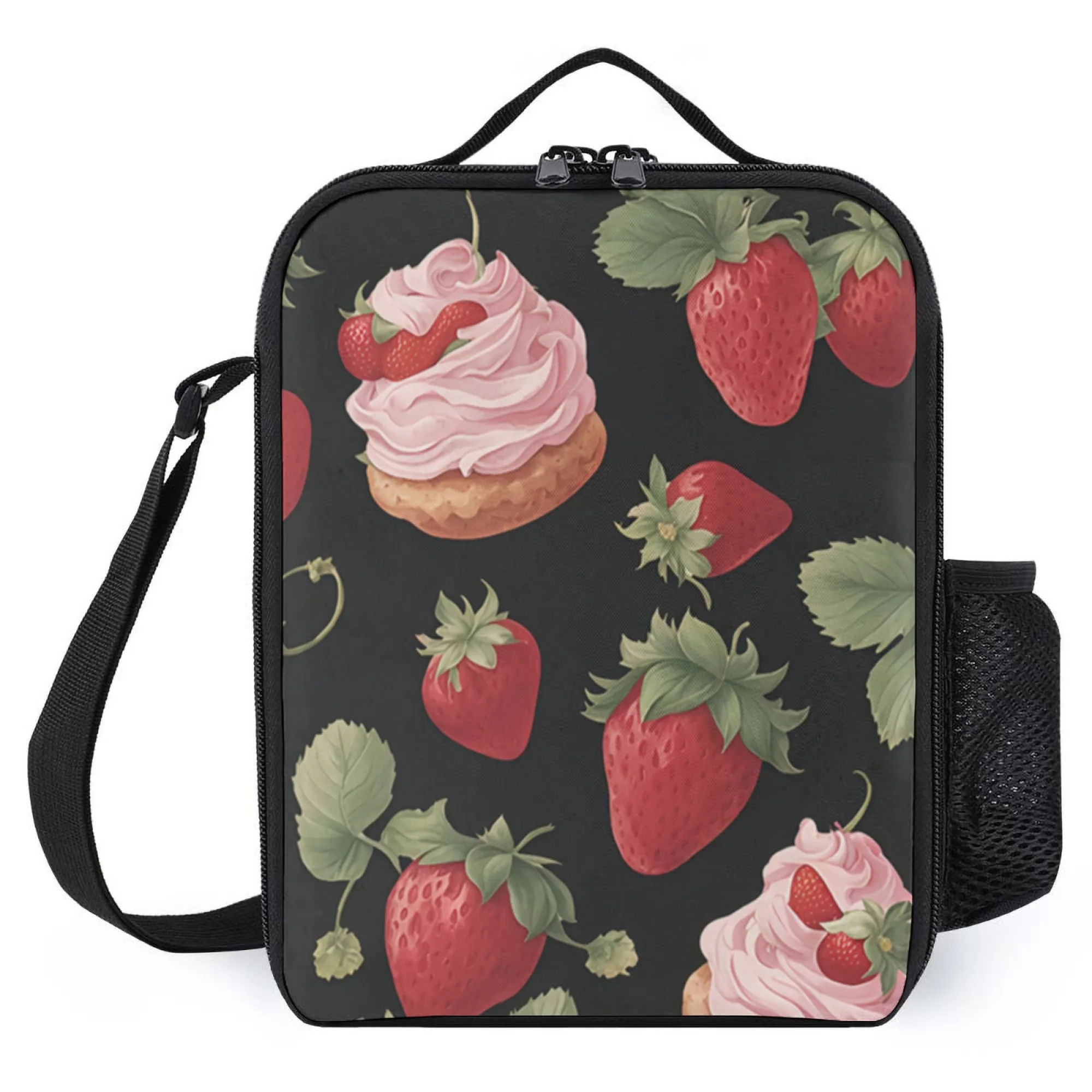 Insulated Lunch Bag, Oxford Cloth Material, Strawberry & Cream Dessert Pattern on Black Background,School/Office/Picnic/Daily
Insulated Lunch Bag, Oxford Cloth Material, Strawberry & Cream Dessert Pattern on Black Background,School/Office/Picnic/Daily