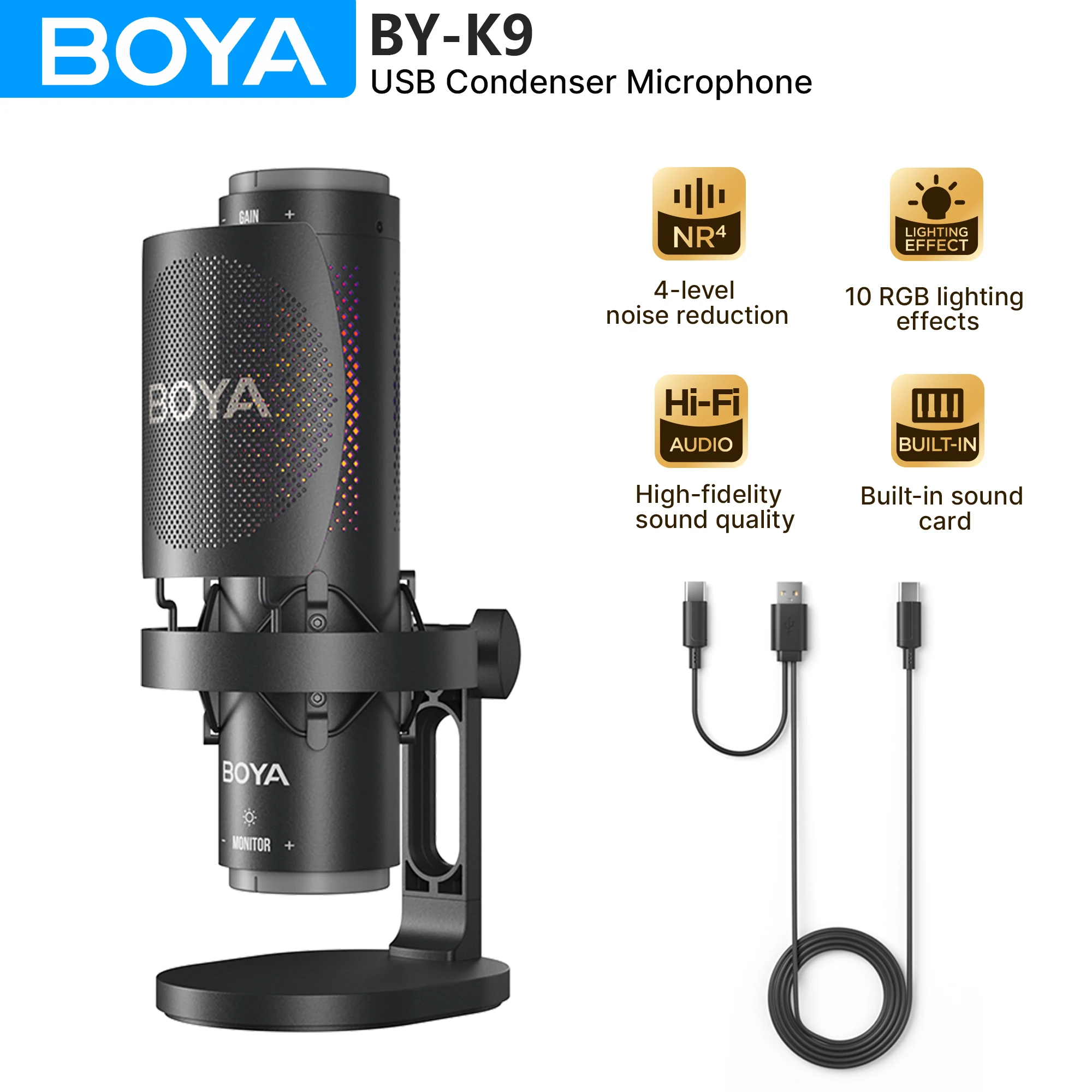 BOYA K9 USB-конденсаторный микрофон с управлением RGB/разъемом для наушников/отключением звука, микрофон для ПК PS4 PS5 Mac Gaming AmpliGame Youtueb Запись
BOYA K9 USB-конденсаторный микрофон с управлением RGB/разъемом для наушников/отключением звука, микрофон для ПК PS4 PS5 Mac Gaming AmpliGame Youtueb Запись