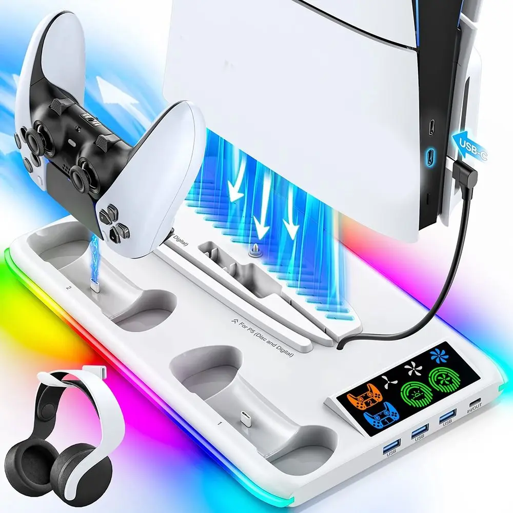 Multi-functional Controller Charging Stand with Headphone Holder RGB Light Console Cooling Station Low Noise for PS5/PS5 Slim
Multi-functional Controller Charging Stand with Headphone Holder RGB Light Console Cooling Station Low Noise for PS5/PS5 Slim