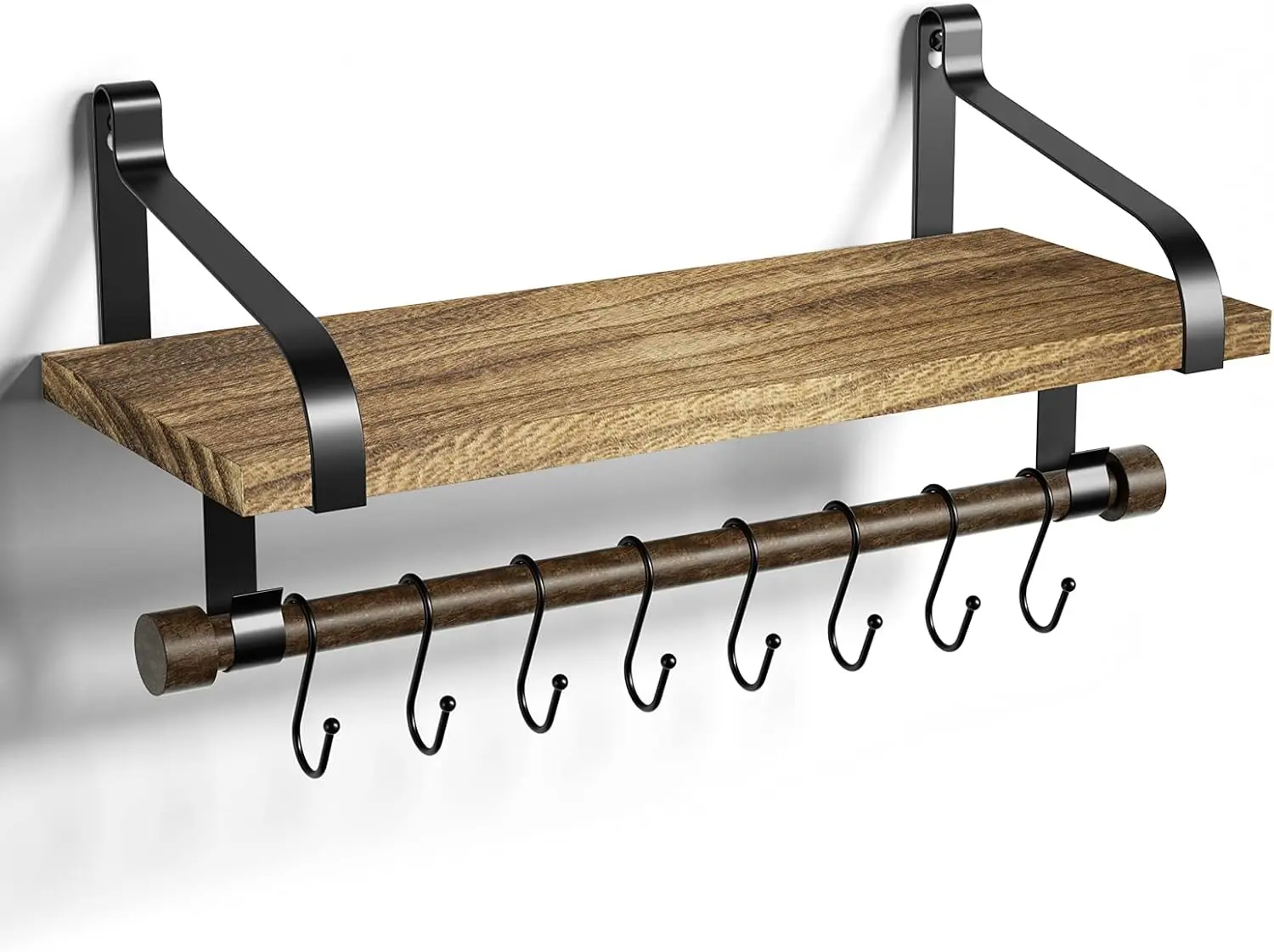 Rustic Floating Wall Shelf with Towel Bar & 8 Hooks, Carbonized Black for Kitchen Storage
Rustic Floating Wall Shelf with Towel Bar & 8 Hooks, Carbonized Black for Kitchen Storage