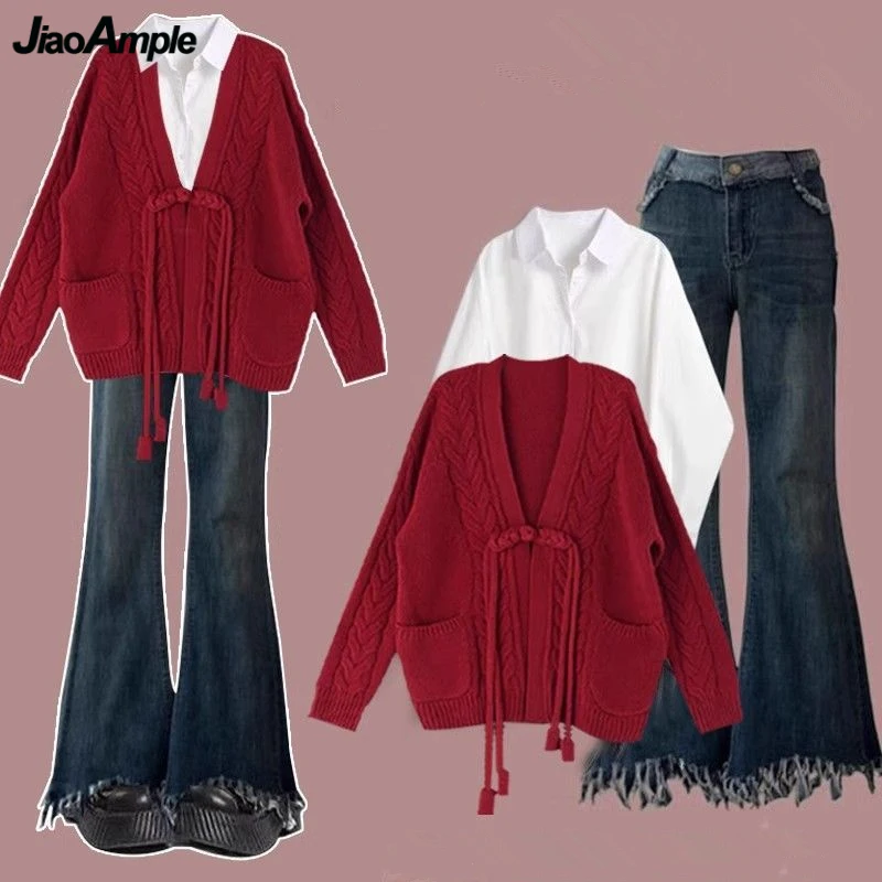 Autumn Winter Chinese Style Sweater Cardigan Shirts Flare Denim Pants 1 or 3 Piece Set Women Lucky Red Knit Coats Top Jeans Suit
Autumn Winter Chinese Style Sweater Cardigan Shirts Flare Denim Pants 1 or 3 Piece Set Women Lucky Red Knit Coats Top Jeans Suit