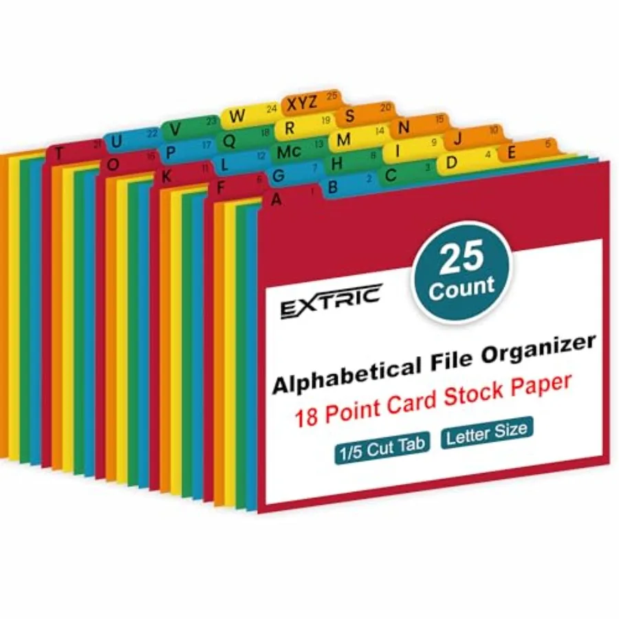 Alphabetical File Organizer 25 File Cabinet Dividers A-Z, 5 Colors A-Z Dividers with Tabs for File Cabinets, 25 Heavyweight Alp
Alphabetical File Organizer 25 File Cabinet Dividers A-Z, 5 Colors A-Z Dividers with Tabs for File Cabinets, 25 Heavyweight Alp