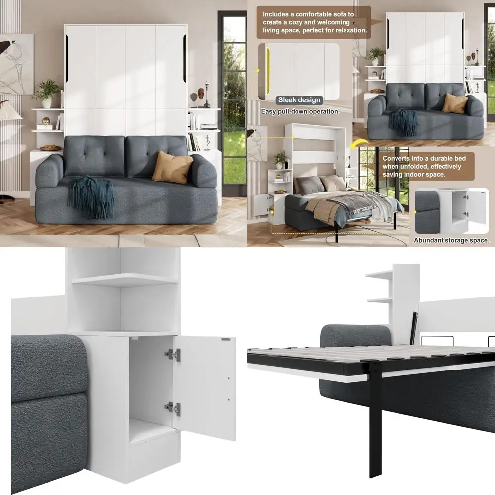 Space-Saving Queen Size Wall Bed with Sofa and Storage for Small Spaces - White & Grey
Space-Saving Queen Size Wall Bed with Sofa and Storage for Small Spaces - White & Grey