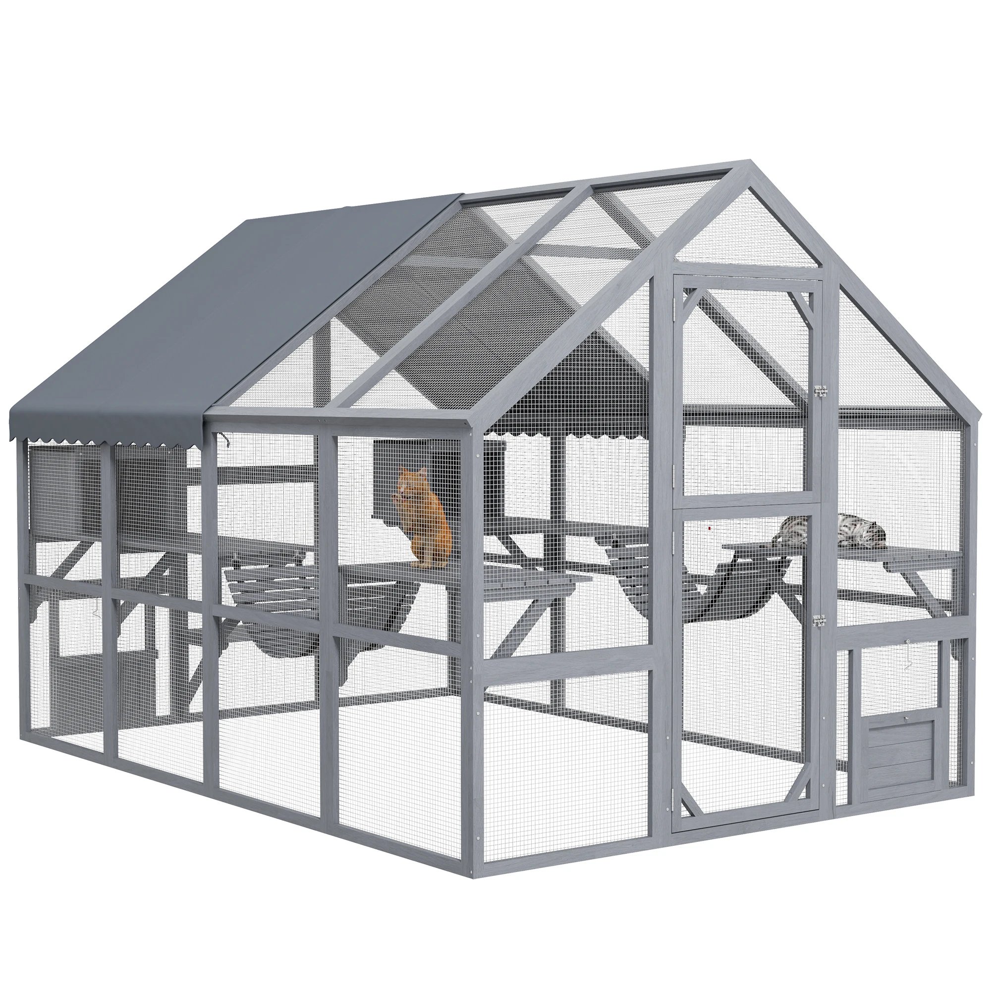 Wooden Catio Outdoor Cat Enclosure with Waterproof Cover, 2 Condos, 6 Platforms, Bridge, Doors, Gray
Wooden Catio Outdoor Cat Enclosure with Waterproof Cover, 2 Condos, 6 Platforms, Bridge, Doors, Gray