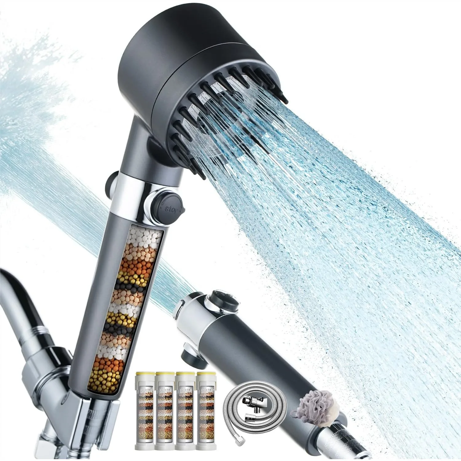High Pressure Shower Head with Handheld, 4 Spray Modes, 18-Stage Filtration for Hard Water, ON/OFF Switch, 79" Hose, 4 Filters
High Pressure Shower Head with Handheld, 4 Spray Modes, 18-Stage Filtration for Hard Water, ON/OFF Switch, 79" Hose, 4 Filters