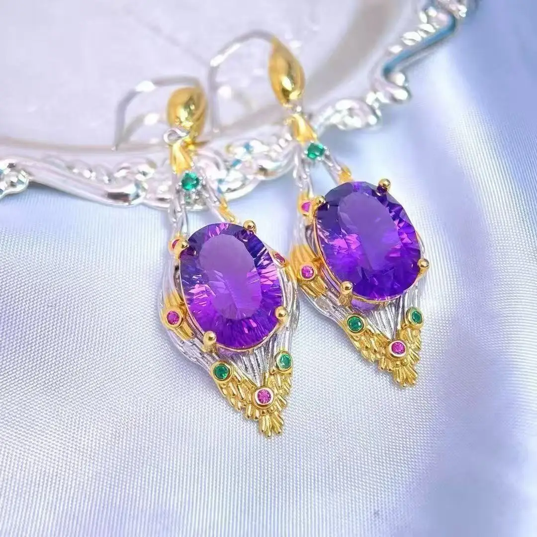 Natural Amethyst Dangle Earrings, 925 Silver Two-Tone Fine Setting 10x14mm Main Stones, Crystal Jewelry Gift for Women
Natural Amethyst Dangle Earrings, 925 Silver Two-Tone Fine Setting 10x14mm Main Stones, Crystal Jewelry Gift for Women