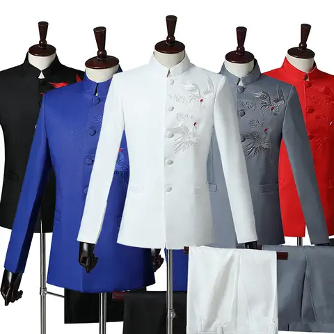 2025 Nieuwe Mannen Chinese Stijl Geborduurde Staande Kraag Pak 2 Stuk Mode Homme Bruiloft Prom Party Prestaties Blazer en Broek