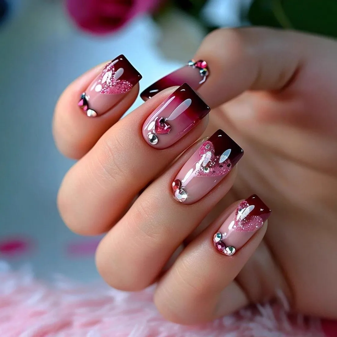 24PCS Medium Square Fake Nails with Burgundy Gradient Heart Diamond Studded Press on Nails Sweet Glitter Nail Art Valentines Day
24PCS Medium Square Fake Nails with Burgundy Gradient Heart Diamond Studded Press on Nails Sweet Glitter Nail Art Valentines Day