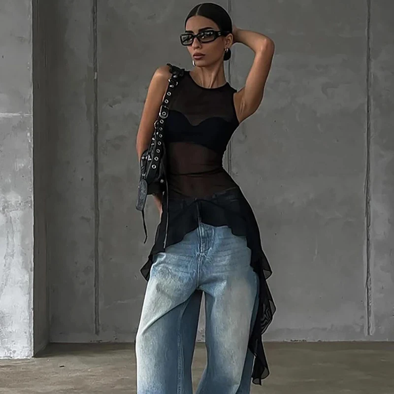 BKQU Mesh See Through Sexy Women's Tank Tops Asymmetry Ruflle Hem Splice Sleeveless Slim Tops 2026 Summer Chic Street Vest
BKQU Mesh See Through Sexy Women's Tank Tops Asymmetry Ruflle Hem Splice Sleeveless Slim Tops 2026 Summer Chic Street Vest