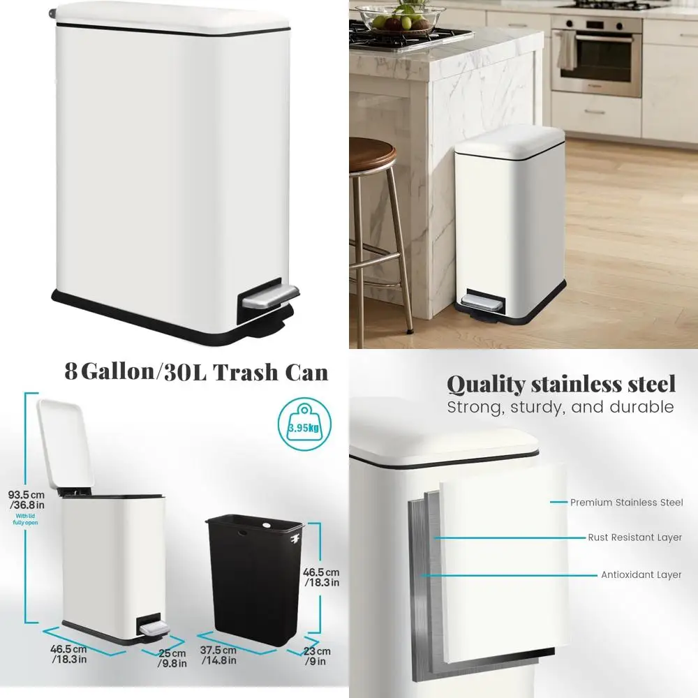 White 30L/8 Gallon Foot Pedal Trash Can with Soft Closing Lid, Stainless Steel, Removable Inner Bucket, Step Bin for Easy Waste
White 30L/8 Gallon Foot Pedal Trash Can with Soft Closing Lid, Stainless Steel, Removable Inner Bucket, Step Bin for Easy Waste