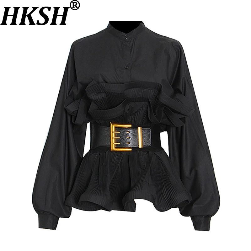 HKSH Осенняя новая женская шикарная рубашка, однотонная однотонная рубашка с воротником-стойкой и длинными рукавами, оборками, однобортный пояс, элегантные топы Tide HK9951
HKSH Осенняя новая женская шикарная рубашка, однотонная однотонная рубашка с воротником-стойкой и длинными рукавами, оборками, однобортный пояс, элегантные топы Tide HK9951