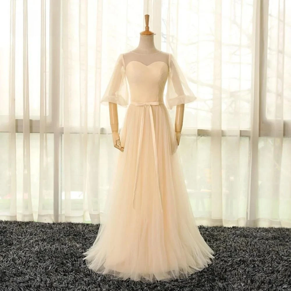 Customized Evening Dress Champange Tulle O-neck Half Sleeves Lace up A-line Floor Length Plus size Woman Party FOrmal Gown RQ008 
Customized Evening Dress Champange Tulle O-neck Half Sleeves Lace up A-line Floor Length Plus size Woman Party FOrmal Gown RQ008
