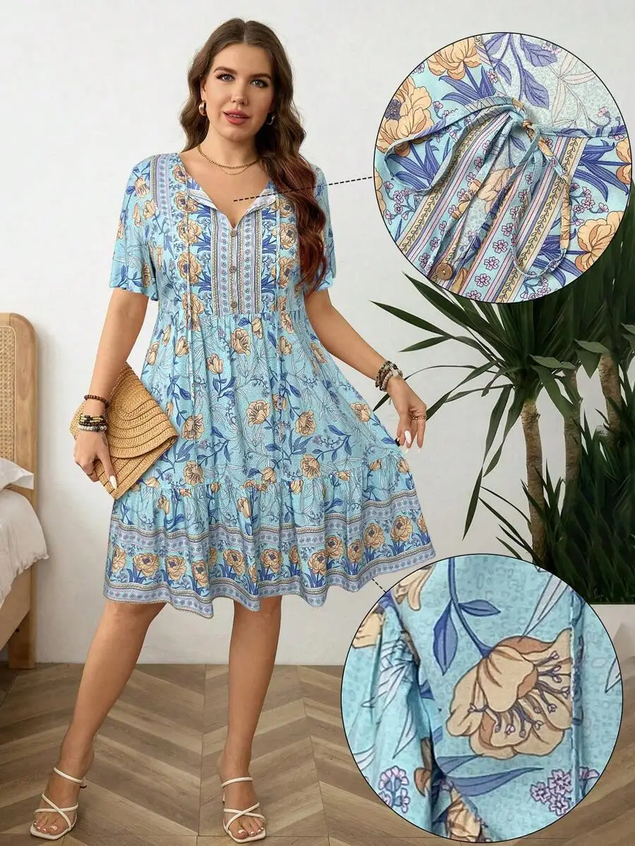 Bohemian Floral Print Tie Neck Short Sleeve Casual Dress For Women
Bohemian Floral Print Tie Neck Short Sleeve Casual Dress For Women