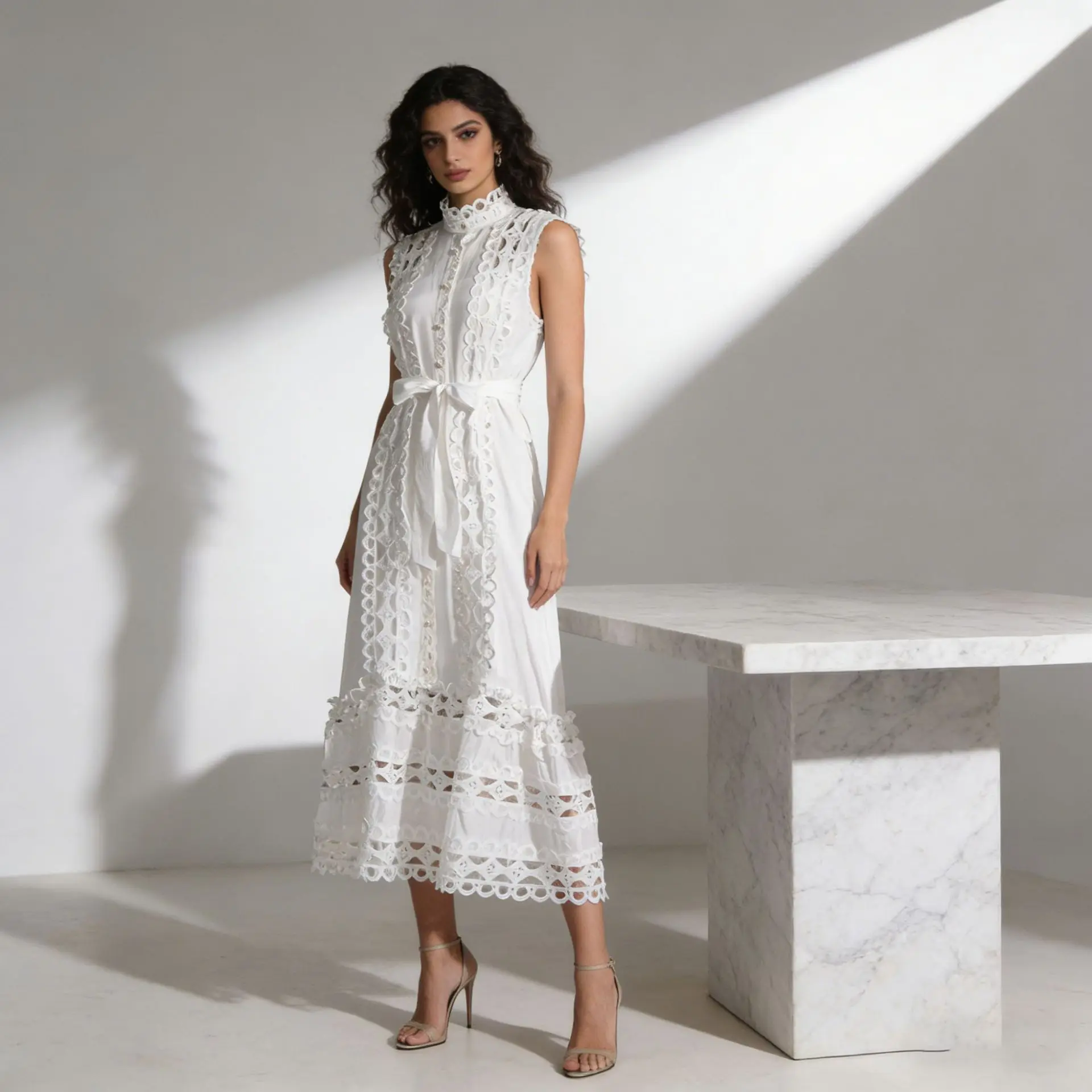 White Ruffle High Neck Sleeveless Hollow Cutwork Lace Midi Dress Self Tie Waist Belt Boho Beach Vacation Wedding Guest Dress
White Ruffle High Neck Sleeveless Hollow Cutwork Lace Midi Dress Self Tie Waist Belt Boho Beach Vacation Wedding Guest Dress