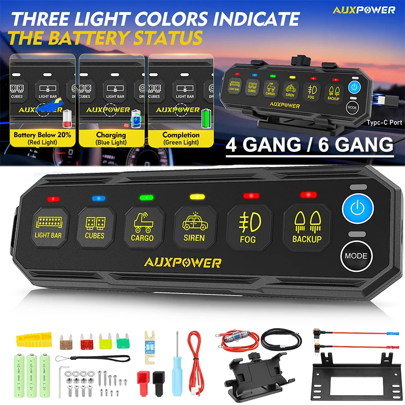 4Gang 6 Gang Switch Panel 4 Light Modes 4-Level Brightness Adjustment RGB Backlight Wireless Remote Control for 12V-24V Vehicles
4Gang 6 Gang Switch Panel 4 Light Modes 4-Level Brightness Adjustment RGB Backlight Wireless Remote Control for 12V-24V Vehicles