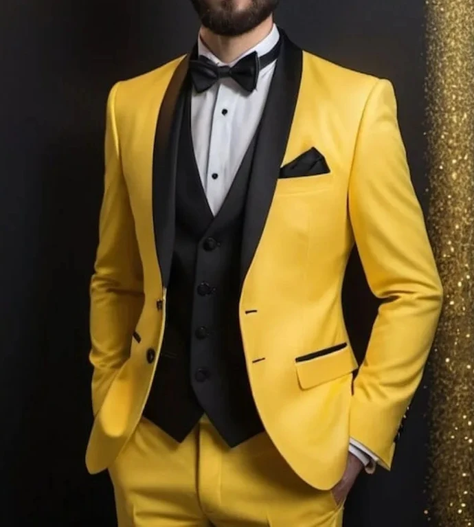 High Quality 3 Piece Jacket Pants Vest Men's Suits Yellow Jacket Pants Black Vest Sets Single Breasted Shawl Lapel Outfits
High Quality 3 Piece Jacket Pants Vest Men's Suits Yellow Jacket Pants Black Vest Sets Single Breasted Shawl Lapel Outfits