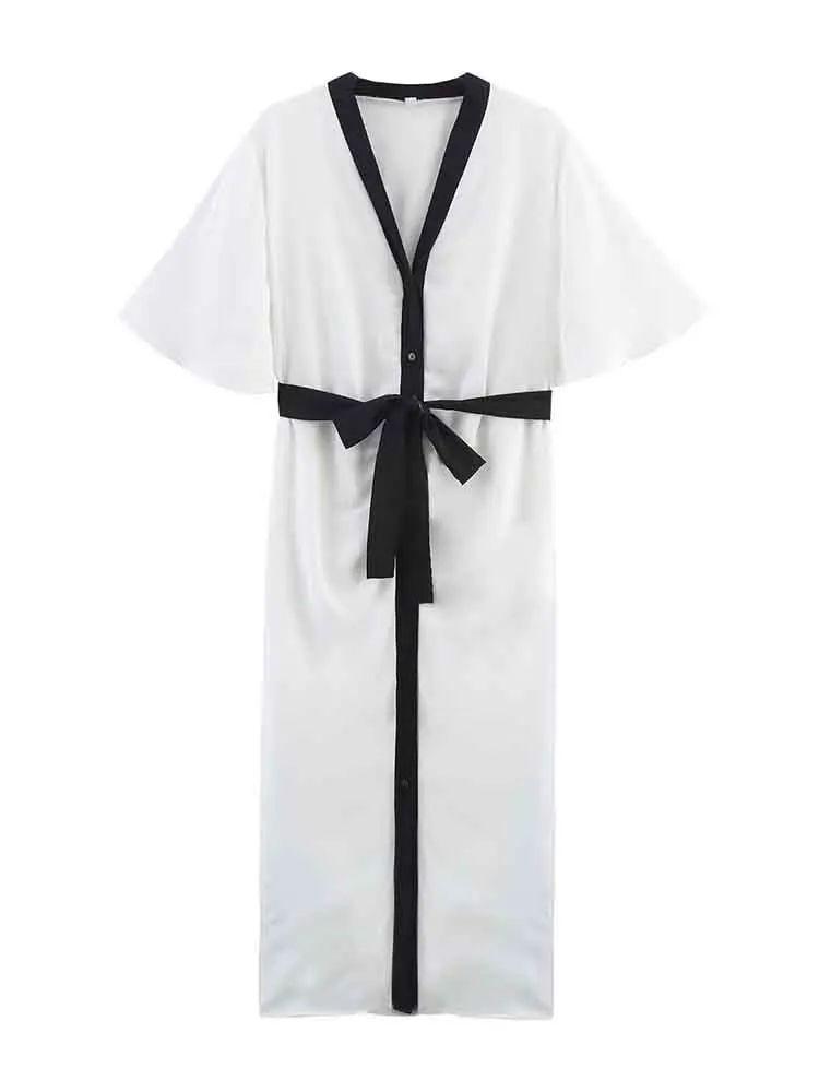 European style new women's fashion versatile temperament simple V-neck contrast color bow waist dress
European style new women's fashion versatile temperament simple V-neck contrast color bow waist dress