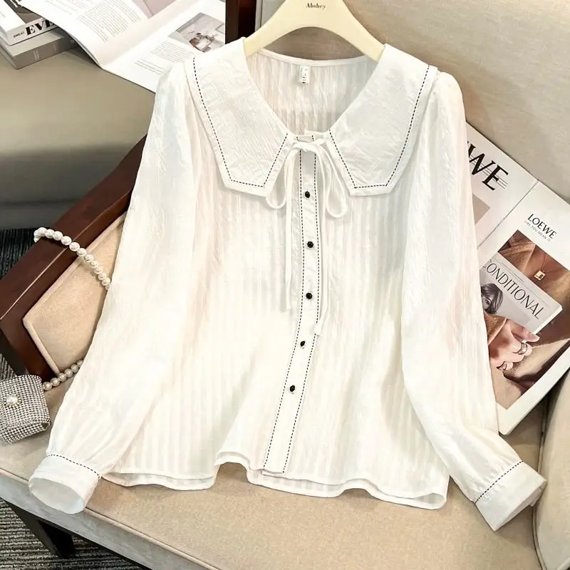 Doll Collar Long Sleeve Base White Shirt Women Spring Autumn Plus Size Slimming French Bow Tie Top
Doll Collar Long Sleeve Base White Shirt Women Spring Autumn Plus Size Slimming French Bow Tie Top