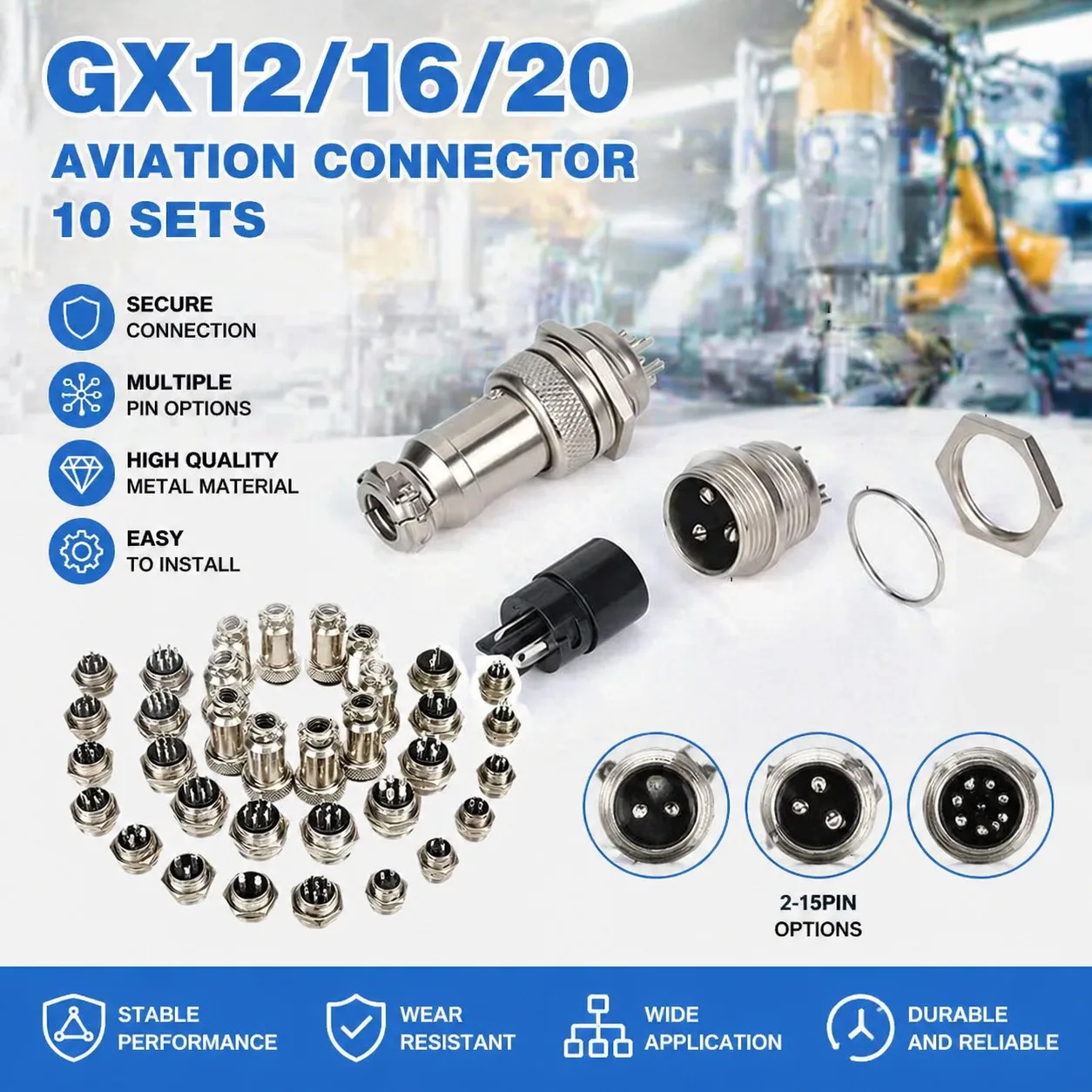 10 Sets GX12/GX16/GX20 Aviation Connector, 2-15Pin Waterproof Circular Male & Female Plug Socket
10 Sets GX12/GX16/GX20 Aviation Connector, 2-15Pin Waterproof Circular Male & Female Plug Socket