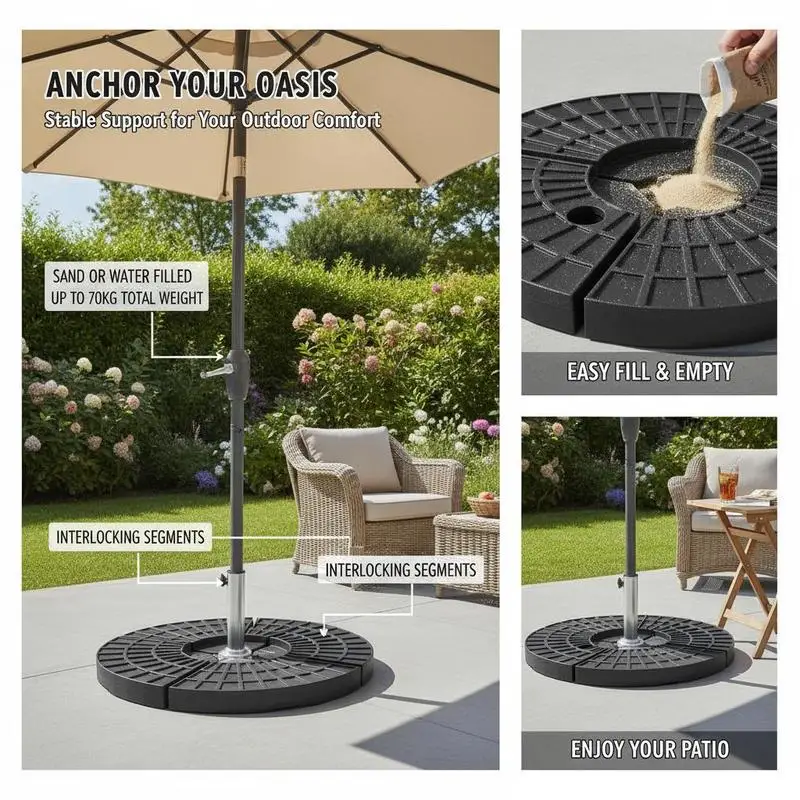 Umbrella weight, umbrella base, 4 parts, fillable, for 52 kg water or 68 kg sand, 48 x 48 x 8 cm
Umbrella weight, umbrella base, 4 parts, fillable, for 52 kg water or 68 kg sand, 48 x 48 x 8 cm