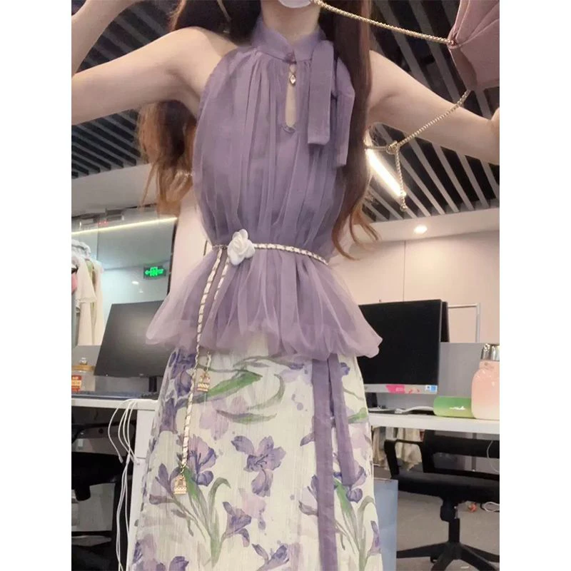 Dress women's 2024 new summer gentle temperament purple off-the-shoulder gauze hanging neck top sweet printed skirt
Dress women's 2024 new summer gentle temperament purple off-the-shoulder gauze hanging neck top sweet printed skirt