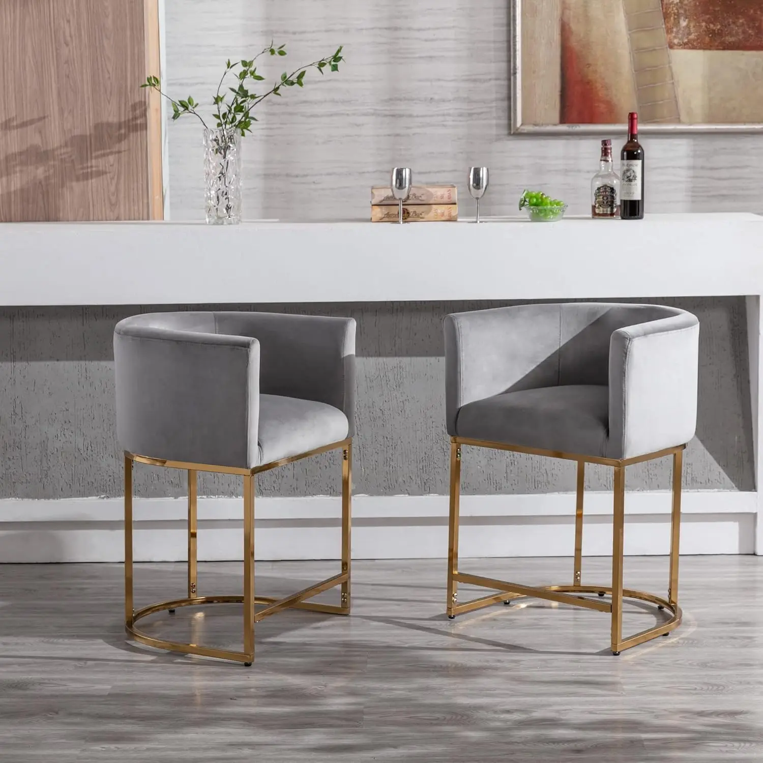Gray Velvet Counter Height Bar Stools 24" Set of 2 Gold Metal Frame Kitchen Island, Customized
Gray Velvet Counter Height Bar Stools 24" Set of 2 Gold Metal Frame Kitchen Island, Customized