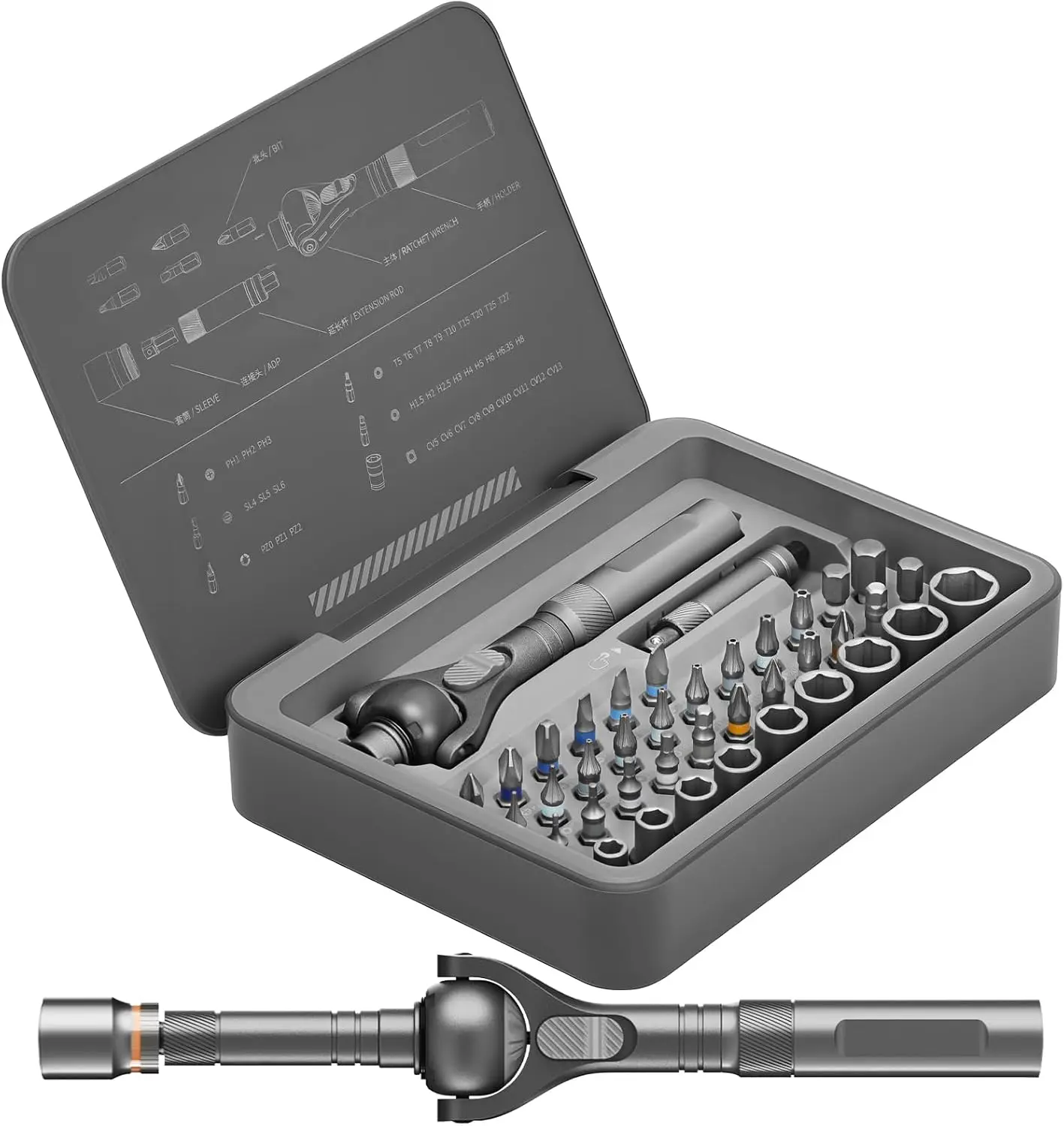 40 in 1 Magnetic Ratchet Screwdriver Set, Multi Bit Screwdriver Kit with 180° Adjustable Handle, S2 Bits and CR-V Socket Sets
40 in 1 Magnetic Ratchet Screwdriver Set, Multi Bit Screwdriver Kit with 180° Adjustable Handle, S2 Bits and CR-V Socket Sets