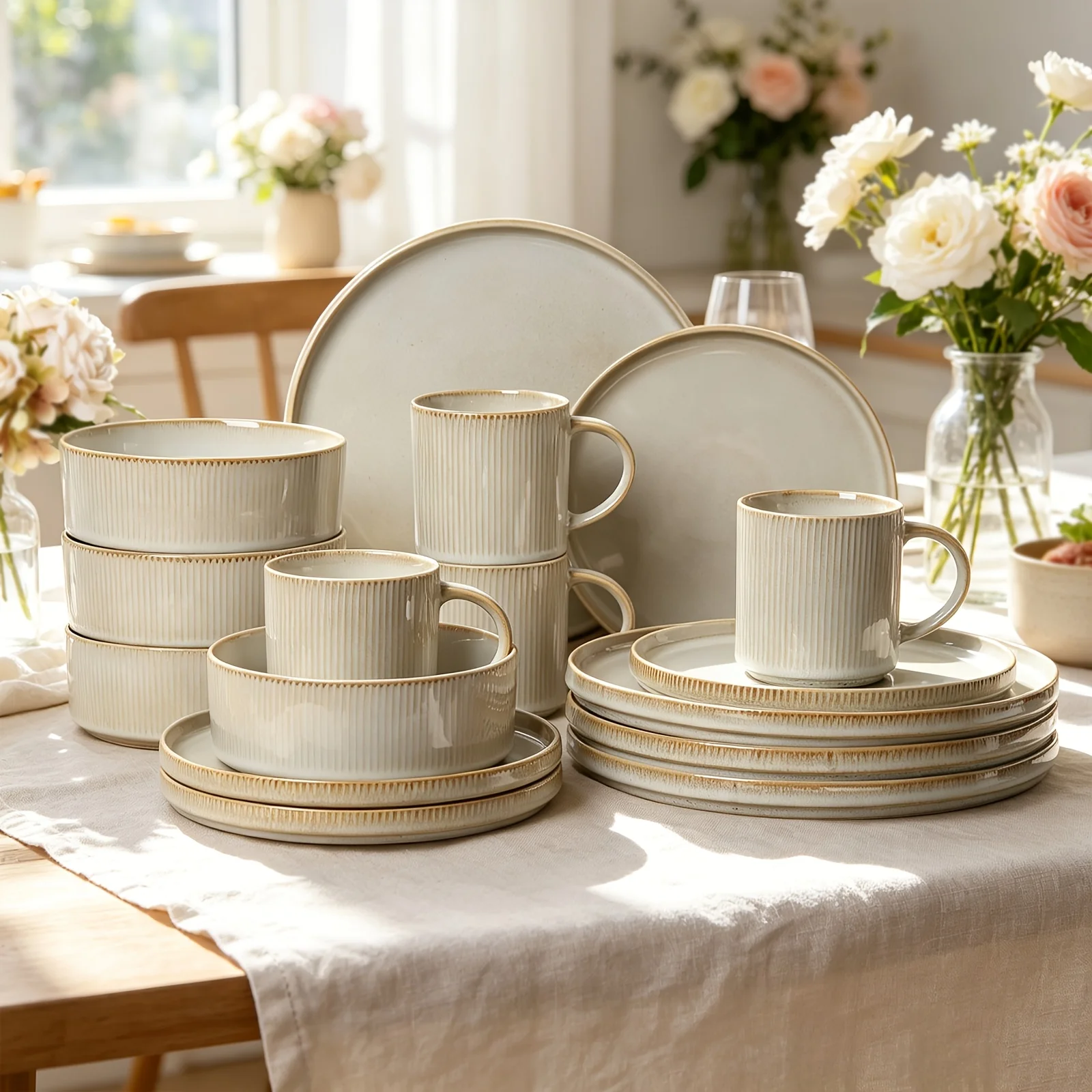 16pcs Beige Striped Ceramic Dinnerware, European Classical Style Dinnerware Set, Plate Spaghetti Bowl Soup Bowl Stoneware Set, M
16pcs Beige Striped Ceramic Dinnerware, European Classical Style Dinnerware Set, Plate Spaghetti Bowl Soup Bowl Stoneware Set, M