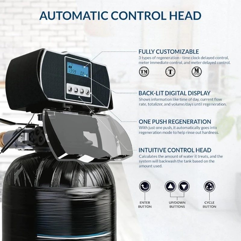 Высокоэффективный цифровой умягчитель воды для всего дома с учетом расхода, емкость 48000 гранул
Высокоэффективный цифровой умягчитель воды для всего дома с учетом расхода, емкость 48000 гранул