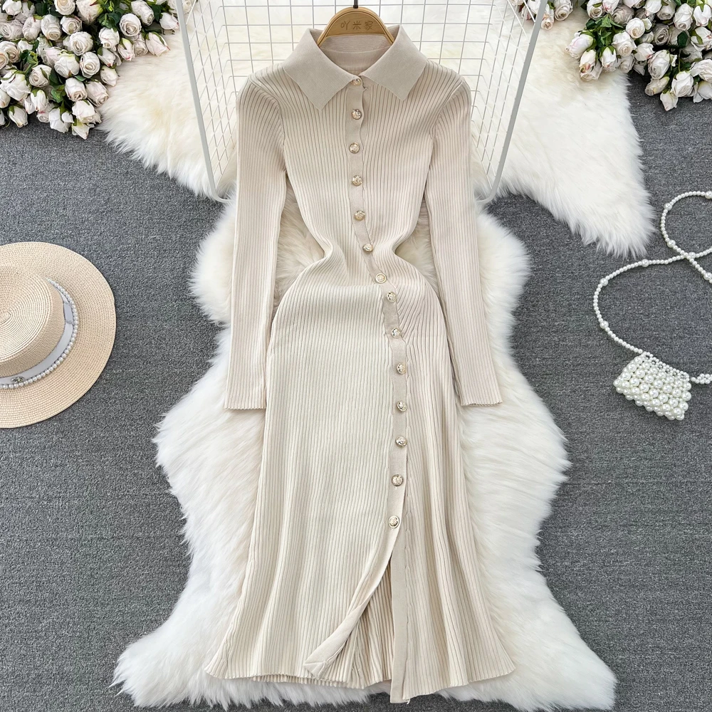 Elegant Mermaid Dress for Women Solid Slim Lapel Single Breasted Female Knitted Vestidos Casual Soft Ladies Bottom Dress
Elegant Mermaid Dress for Women Solid Slim Lapel Single Breasted Female Knitted Vestidos Casual Soft Ladies Bottom Dress