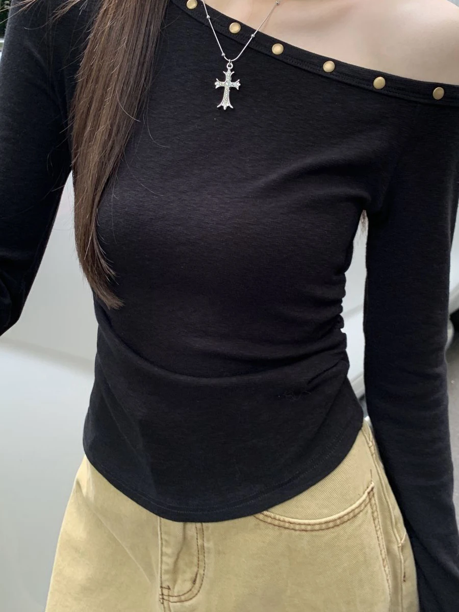 Chic Modal Shoulder Bared Long Sleeve T Shirt Women's Fashion Hong Kong Style Pleated Waist Cinched Base Top Trendy Rivet Design
Chic Modal Shoulder Bared Long Sleeve T Shirt Women's Fashion Hong Kong Style Pleated Waist Cinched Base Top Trendy Rivet Design