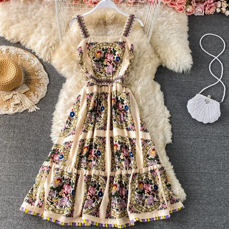 Women Summer Dress Casual Flower Printed Spaghetti Strap Holiday Style High Waist Tassels Backless Mid-Length Sundress
Women Summer Dress Casual Flower Printed Spaghetti Strap Holiday Style High Waist Tassels Backless Mid-Length Sundress