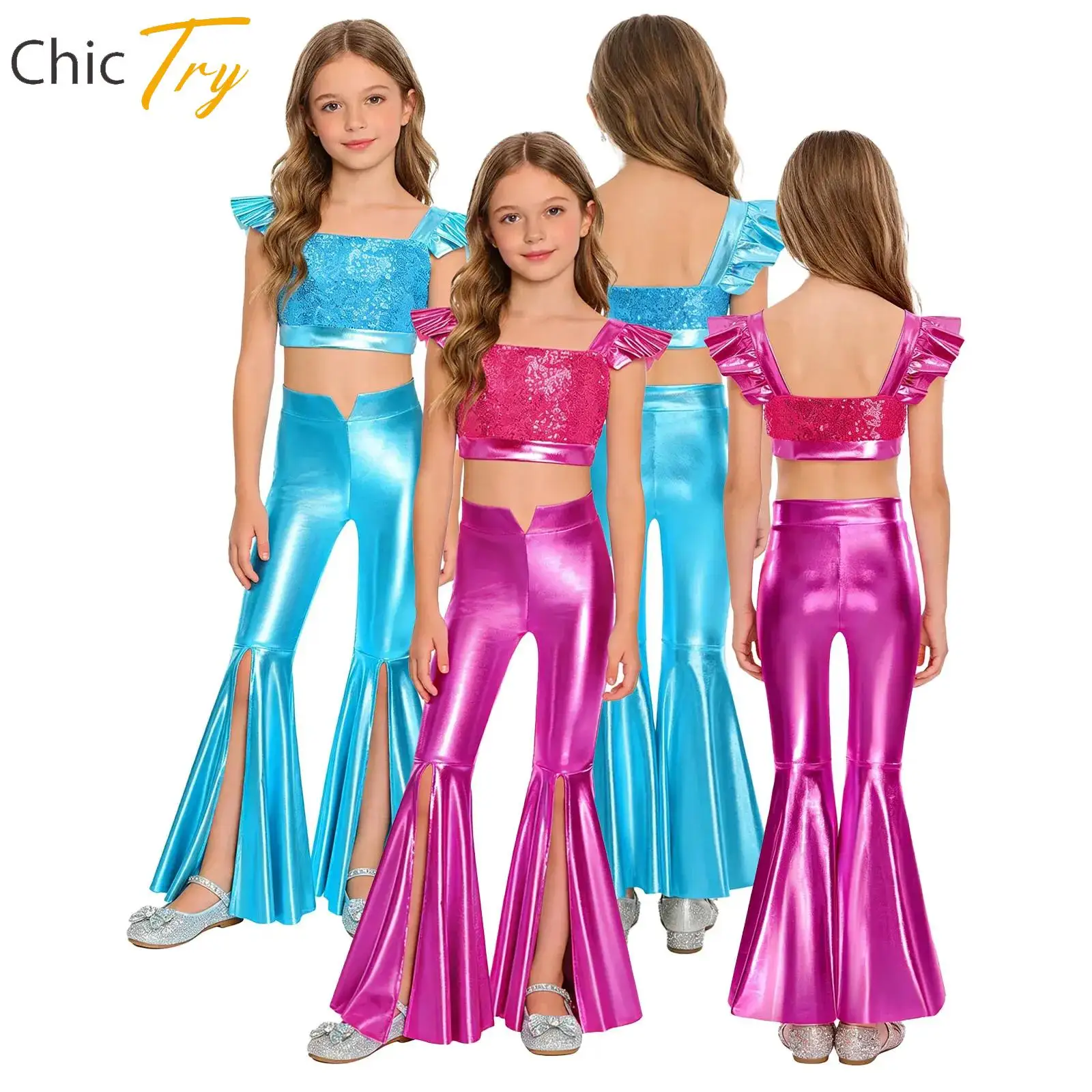 Kids Girls Shiny 70s 80s Disco Jazz Hip Hop Dance Outfits Sequins Ruffles Sleeve Crop Top Vest with Bell-Bottom Pants Metallic
Kids Girls Shiny 70s 80s Disco Jazz Hip Hop Dance Outfits Sequins Ruffles Sleeve Crop Top Vest with Bell-Bottom Pants Metallic