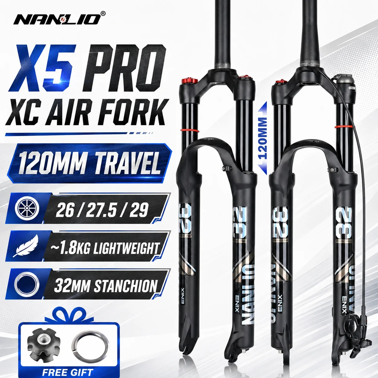 Nanlio X5 PRO MTB Air Suspension Front Fork 120mm Travel 26/27.5/29 Inch 32mm Stanchion 1.8kg XC Mountain Bike Fork Free Gift
Nanlio X5 PRO MTB Air Suspension Front Fork 120mm Travel 26/27.5/29 Inch 32mm Stanchion 1.8kg XC Mountain Bike Fork Free Gift