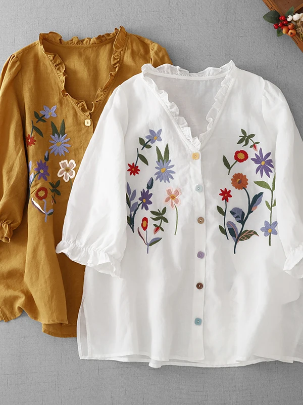 Heavy Embroidery Cotton Linen Shirt Large Size Women's Fashion V-neck Five-sleeve Artistic Top Wood Grain Design
Heavy Embroidery Cotton Linen Shirt Large Size Women's Fashion V-neck Five-sleeve Artistic Top Wood Grain Design