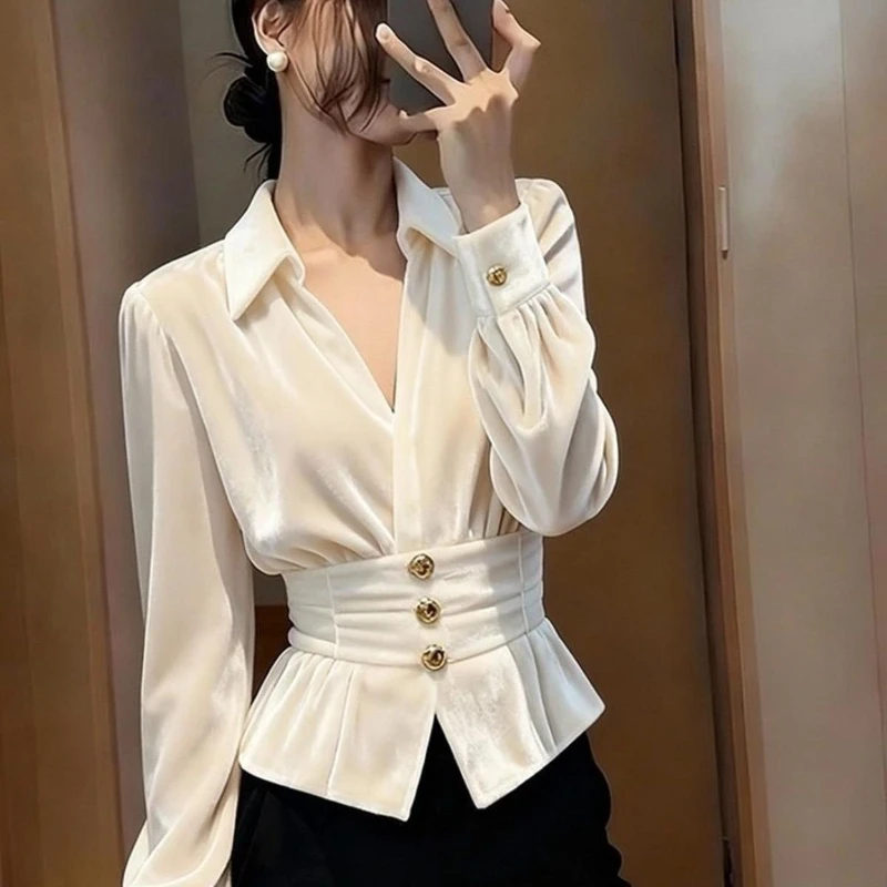 Spring Fall Office Lady Women Elegant V Neck Plated High Waisted White Velvet Top Shirt , Woman Fashion Slim Velour Tops Shirts
Spring Fall Office Lady Women Elegant V Neck Plated High Waisted White Velvet Top Shirt , Woman Fashion Slim Velour Tops Shirts