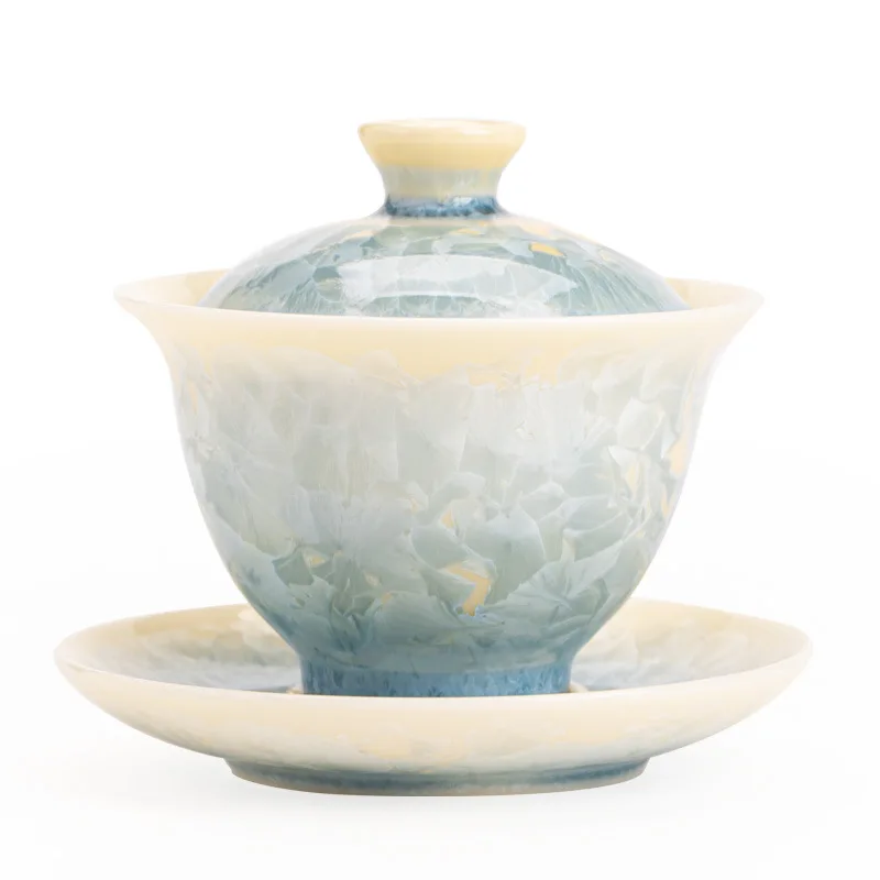 Kiln-changed crystal glaze Sancai cover bowl Anti-scalding high temperature ceramic tea set Household large tea bowl
Kiln-changed crystal glaze Sancai cover bowl Anti-scalding high temperature ceramic tea set Household large tea bowl
