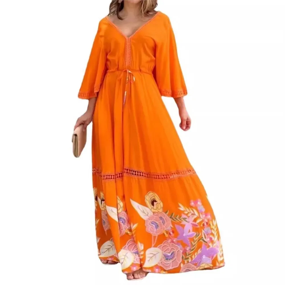 Spring New Fashion Lace Spliced Casual Women's Dresses Fashion Elegant Printed Deep V Neck Female Short-sleeved Dress 2025
Spring New Fashion Lace Spliced Casual Women's Dresses Fashion Elegant Printed Deep V Neck Female Short-sleeved Dress 2025