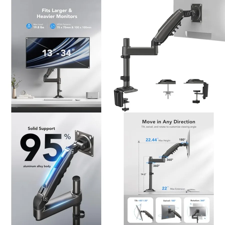 Single Monitor Arm, Adjustable Desk Mount for 13-34 inch Screens, Holds 19.8lbs, 22.44 inch Max Height, Full Motion Swivel Gaming Monitor Stand with VESA 75x75mm and 100x100mm Compatibility
Single Monitor Arm, Adjustable Desk Mount for 13-34 inch Screens, Holds 19.8lbs, 22.44 inch Max Height, Full Motion Swivel Gaming Monitor Stand with VESA 75x75mm and 100x100mm Compatibility