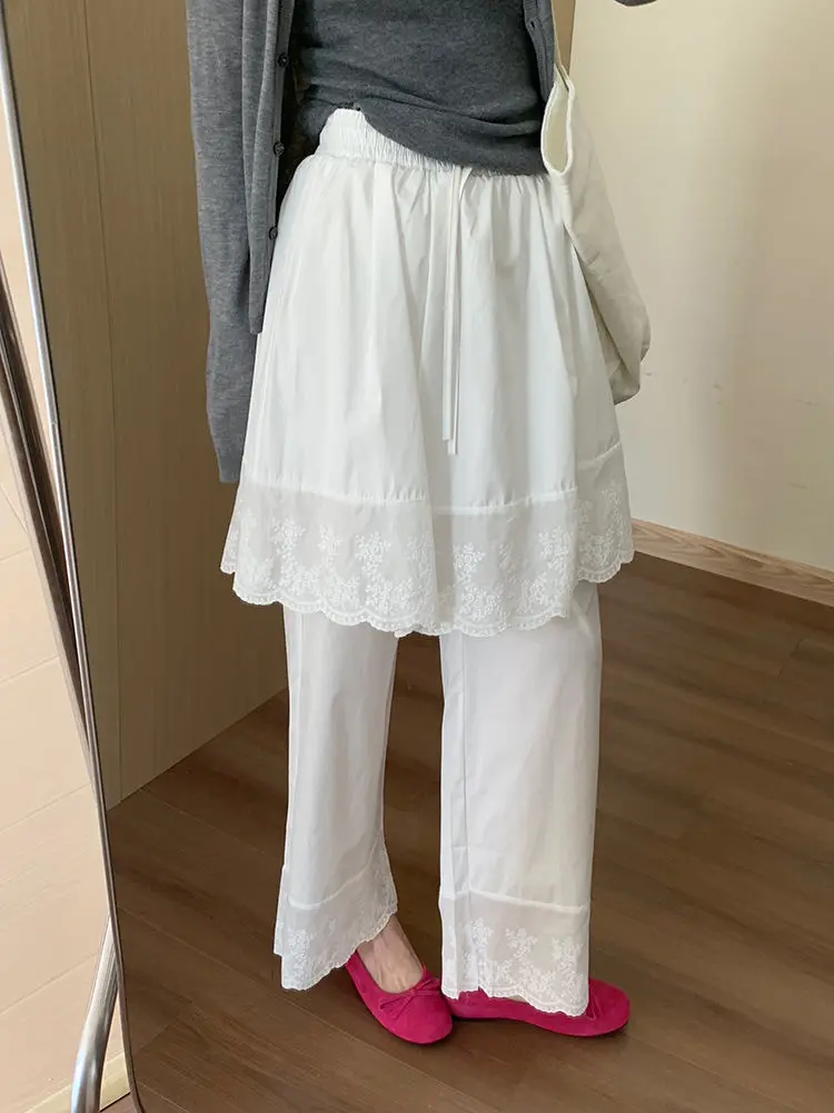 2025 Korean Style Fake Two-Piece Lace Skirt Pants High Waist Straight Leg Culottes Women Summer Layered Flowy Wide Leg Trousers
2025 Korean Style Fake Two-Piece Lace Skirt Pants High Waist Straight Leg Culottes Women Summer Layered Flowy Wide Leg Trousers