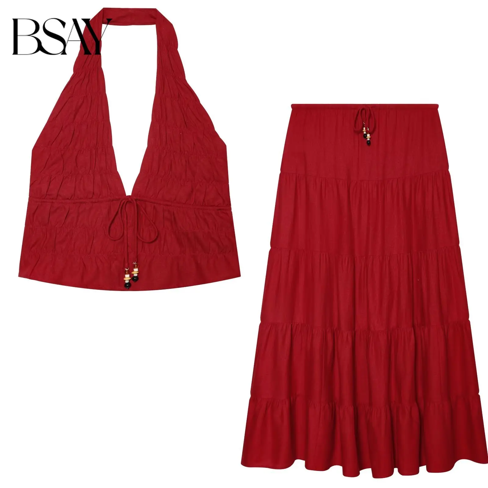 BSAY Bohemian Halter Crop Top Tiered Maxi Skirt 2 Piece Outfit Women Deep V Neck Drawstring Beaded Casual Vacation Matching Set
BSAY Bohemian Halter Crop Top Tiered Maxi Skirt 2 Piece Outfit Women Deep V Neck Drawstring Beaded Casual Vacation Matching Set